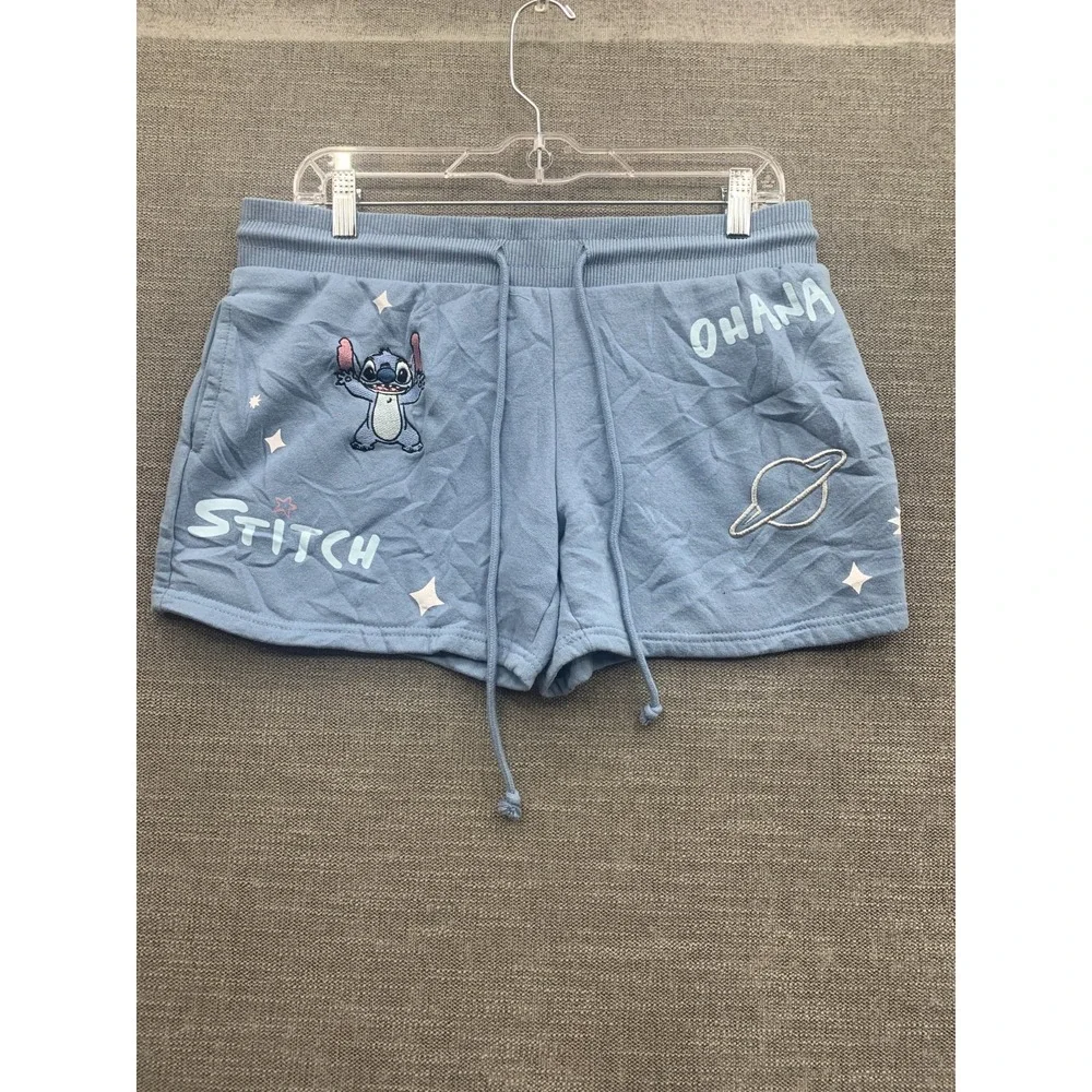 Disney Lilo & Stitch Lounge Shorts Girls M8/10 Blue Fleece Lined Embroidered